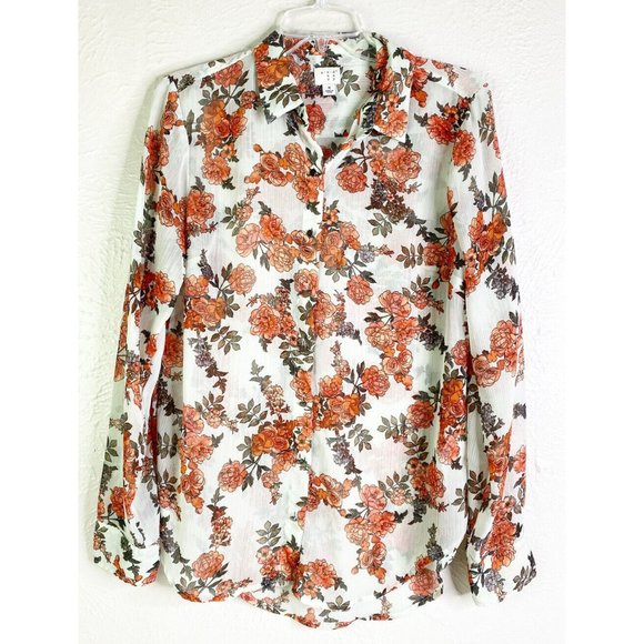 A New Day Medium Orange /white Floral Long Sleeve Button-Up Shirt Sheer EUC - Picture 1 of 7
